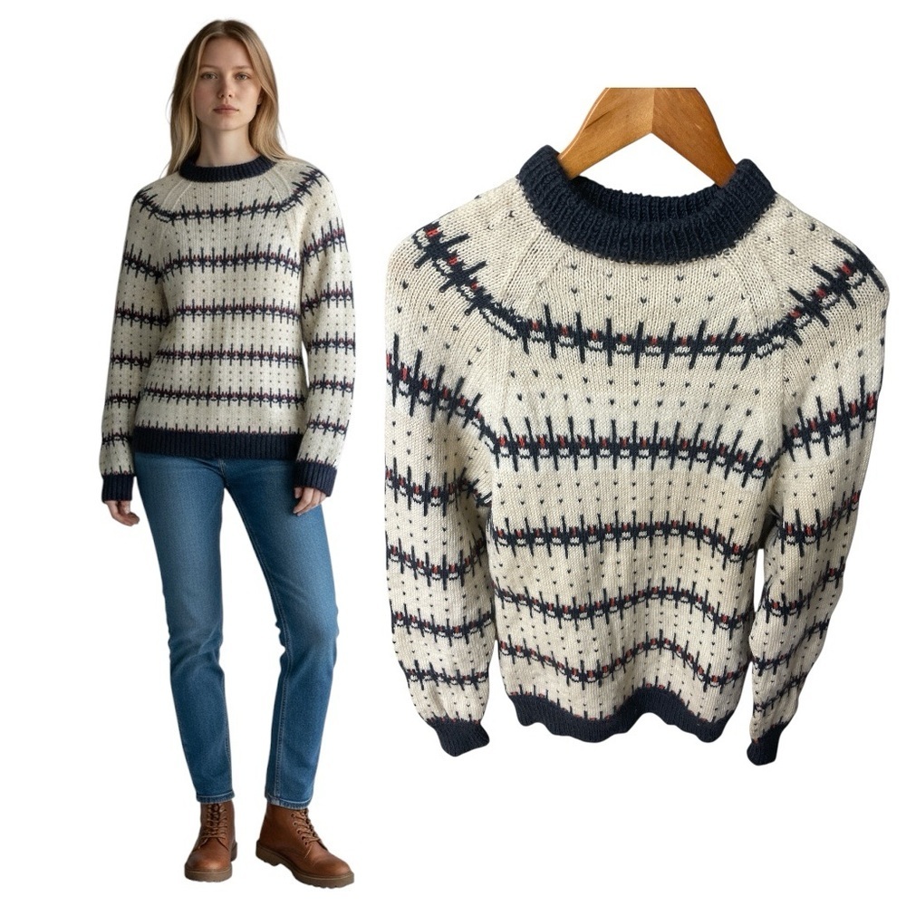 Handmade Fair Isle Wool Ski Sweater XS/S Ivory Navy Red Knit Nordic Pullover